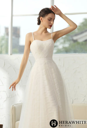 Simple Pleated A-line Wedding Dress With 3D Lace Underline