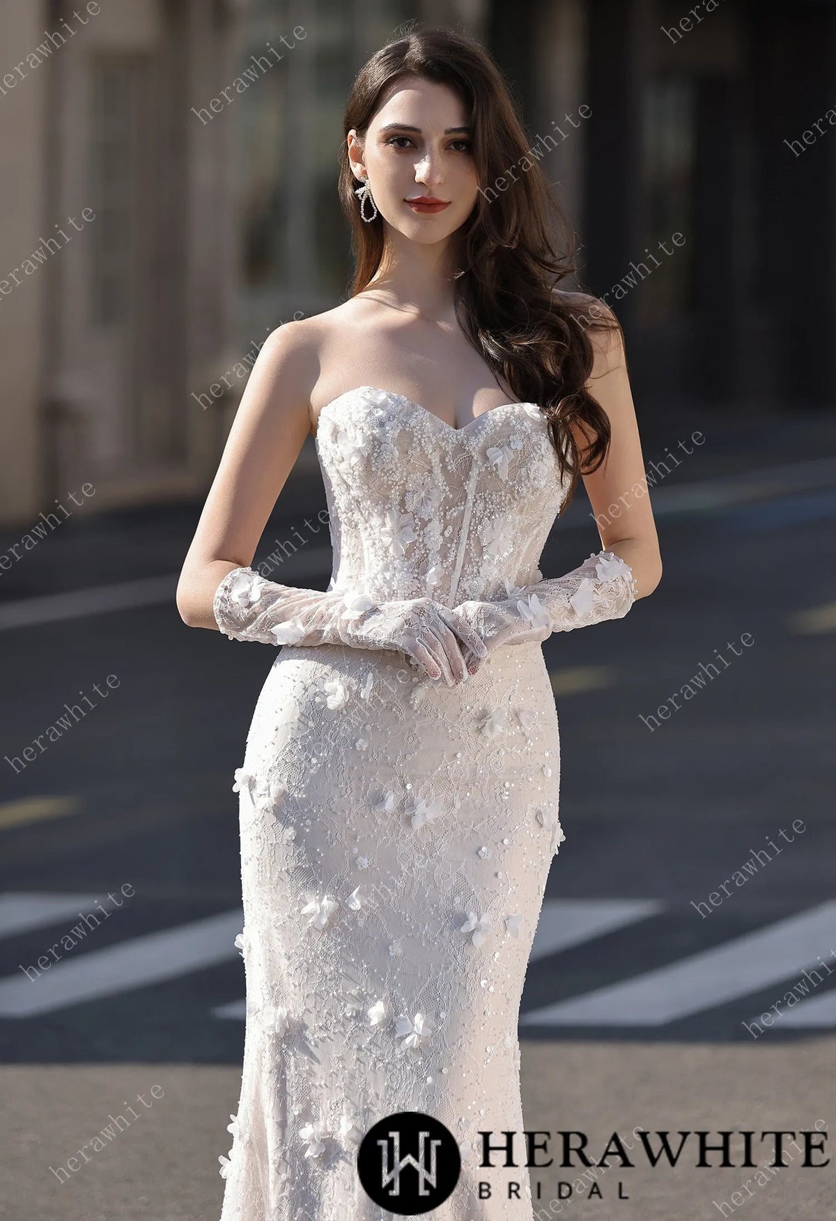 High Neck Lace Mermaid Bridal Gown with Buttons Placket HW3803-N+L