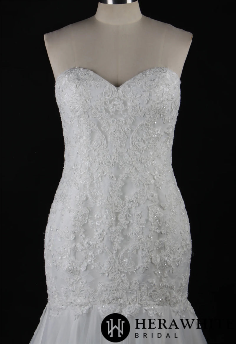 Strapless Embroidered Lace Fit and Flare Wedding Gown