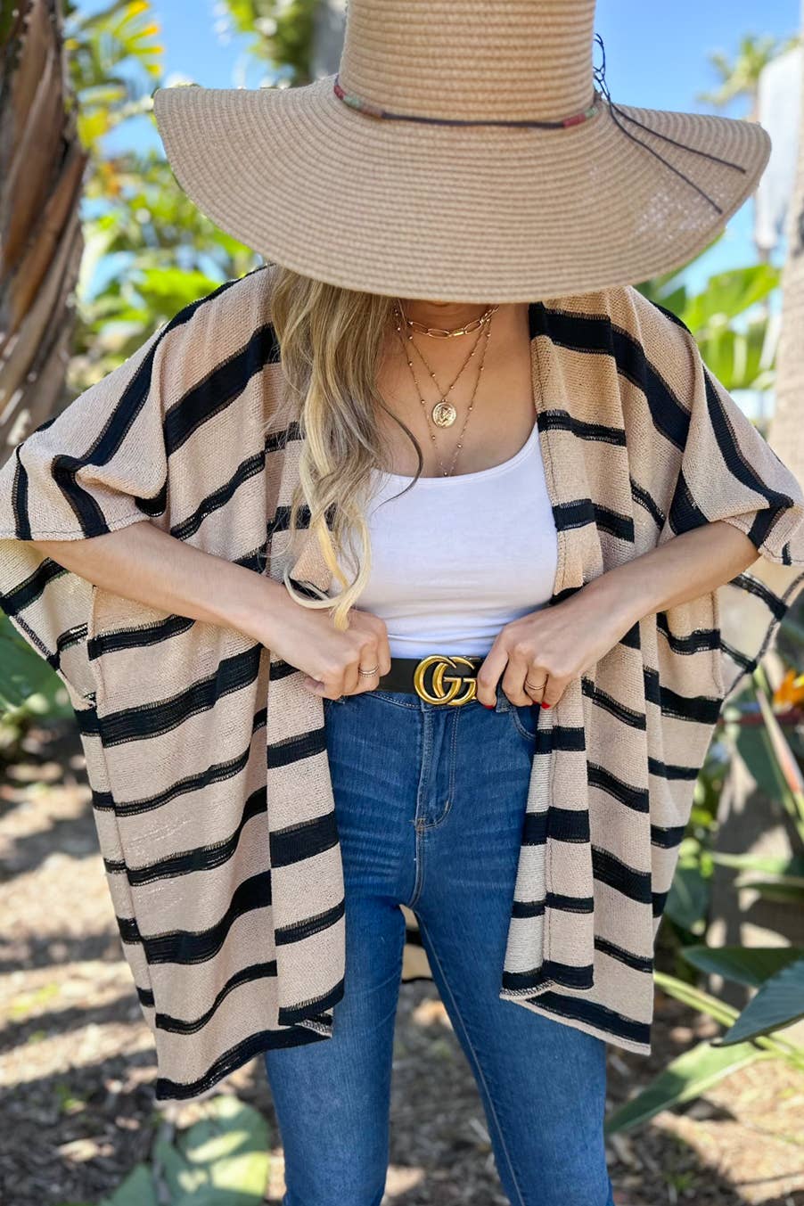 Beige Stripe Print Knitted Kimono Cardigan Cover Up