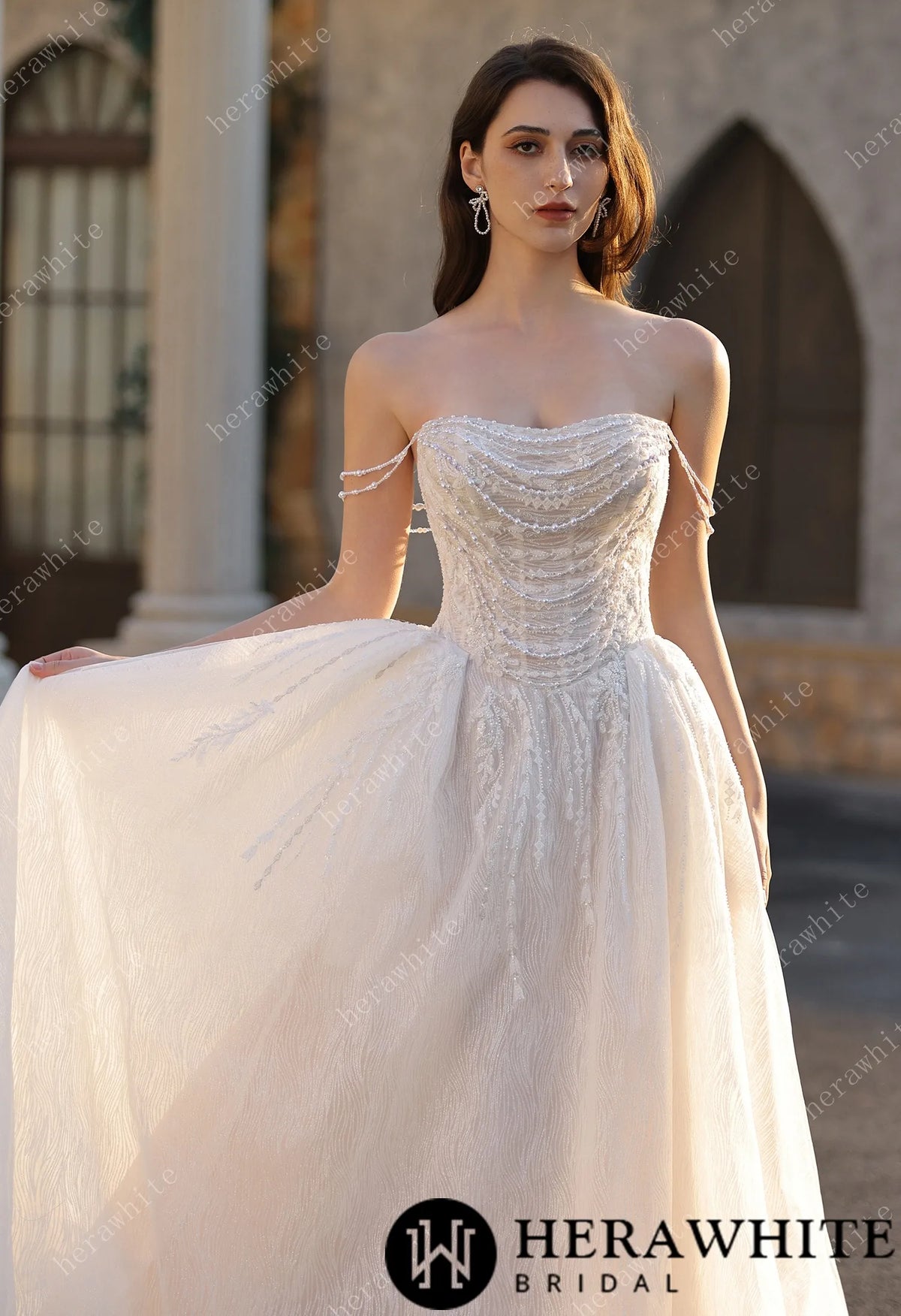 Strapless Ballgown Wedding Dress with Beaded Chain Shoulder Accent HW3807