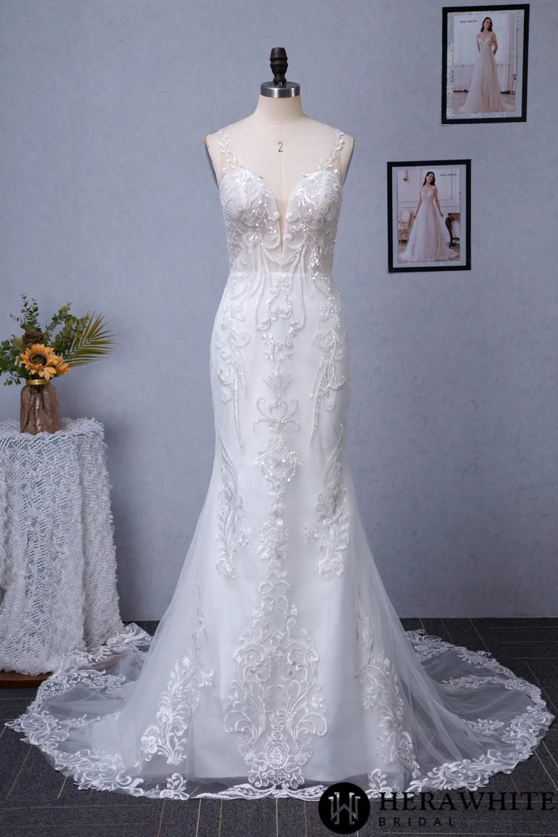 Sequin Beaded Illusion Back Wedding Dress With Long Lace Tulle Trian
