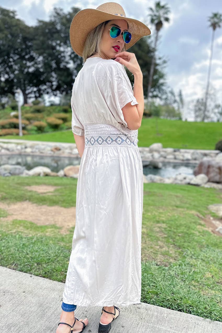 Ivory Lace Detail Maxi Dress Open Front Tie Kimono Cover Up