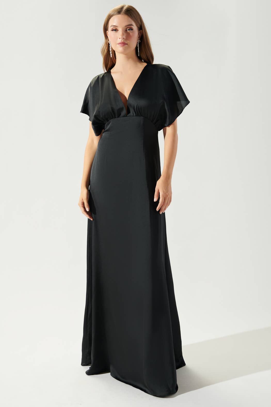 Darling Flutter Sleeve Cut Out Satin Maxi Dress: Black / XS
