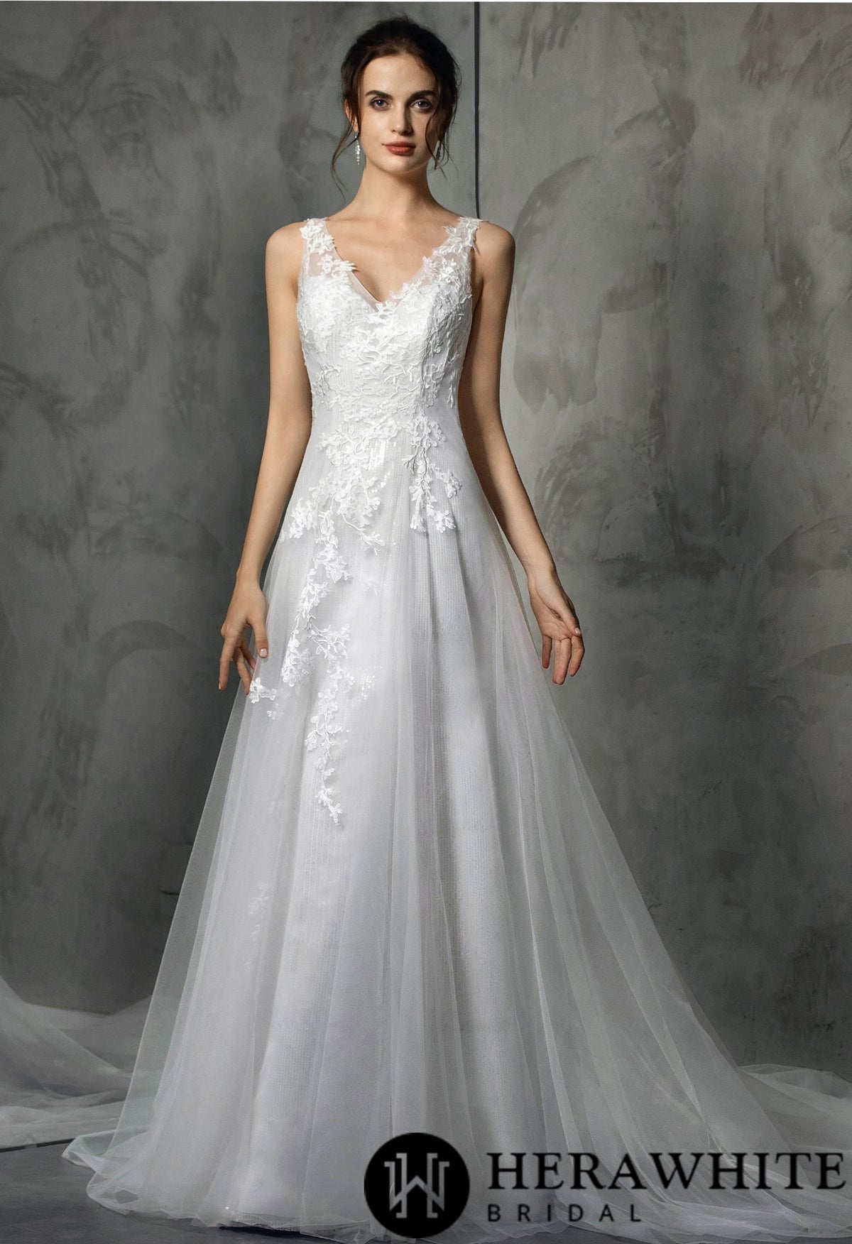 Shining V-Neck Wedding Dress With Long Tulle Train