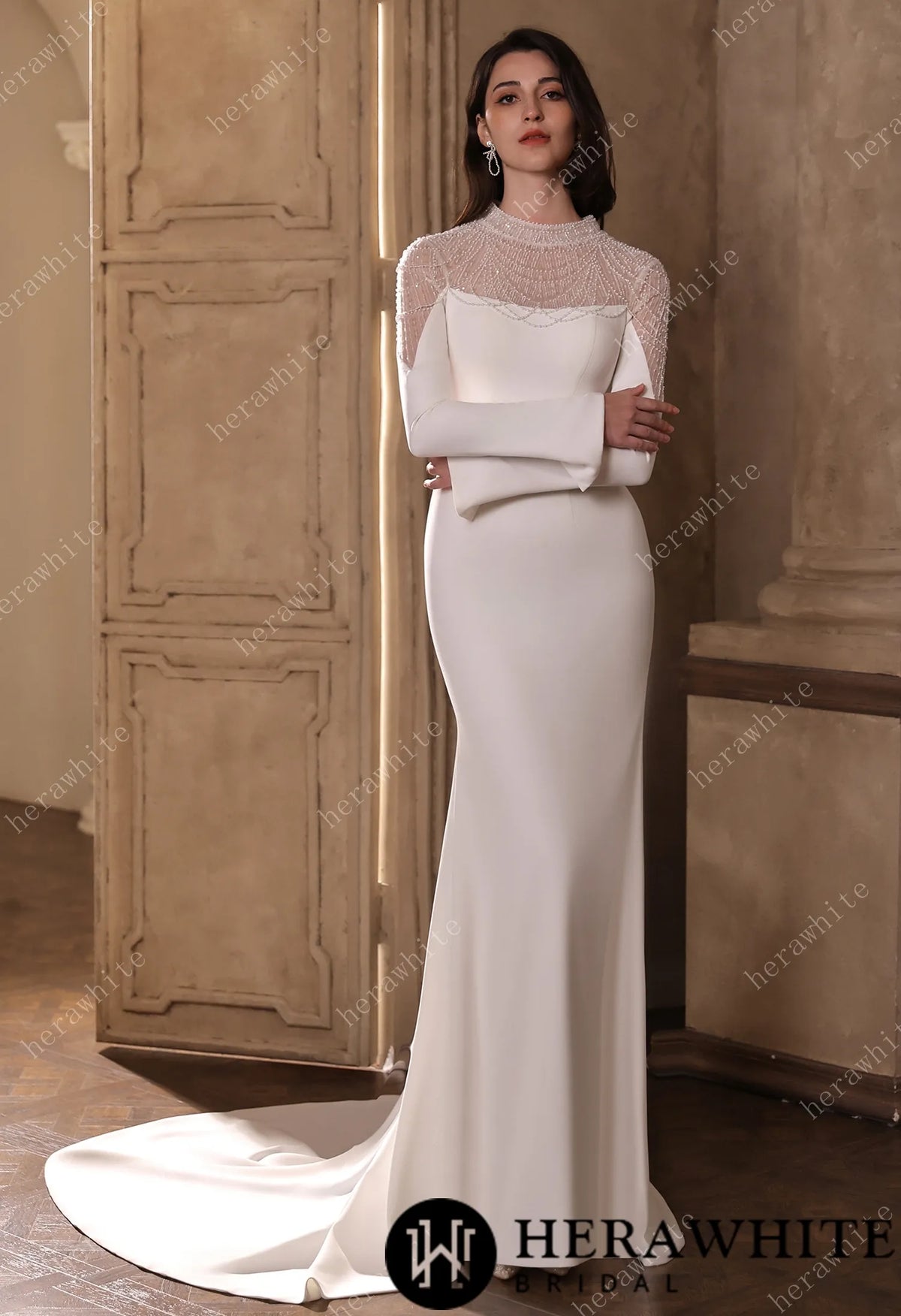 Sparkling Sheer High-Neck Beaded Mesh Long Sleeves Crepe Gown HW3855