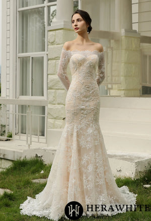Off-the-Shoulder  Sheath Wedding Dress with Luxury Illusion lace
