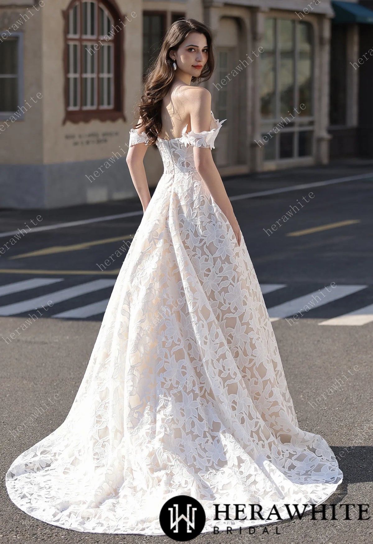 Romantic Off-the-Shoulder  Princess Dress In Floral Lace HW3824