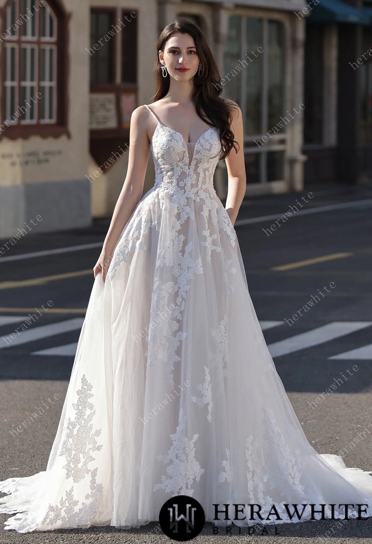Spaghetti Strap Bridal Gown With Dramatic Lace Train HW3823