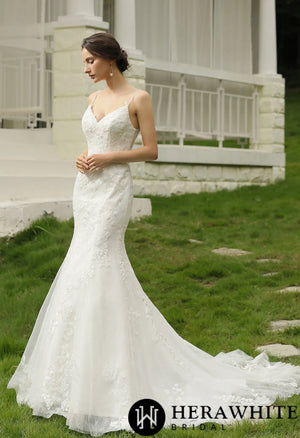 Spaghetti Beading Strap Fit To Flare  Wedding Dress