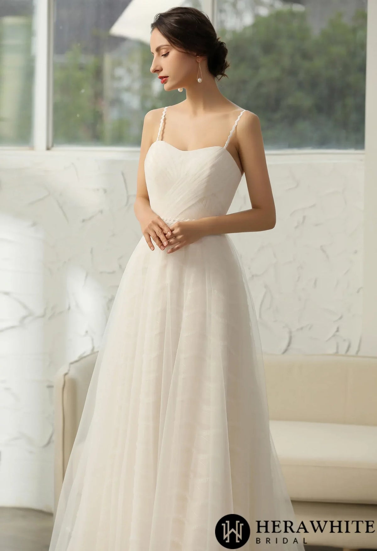 Simple Pleated A-line Wedding Dress With 3D Lace Underline
