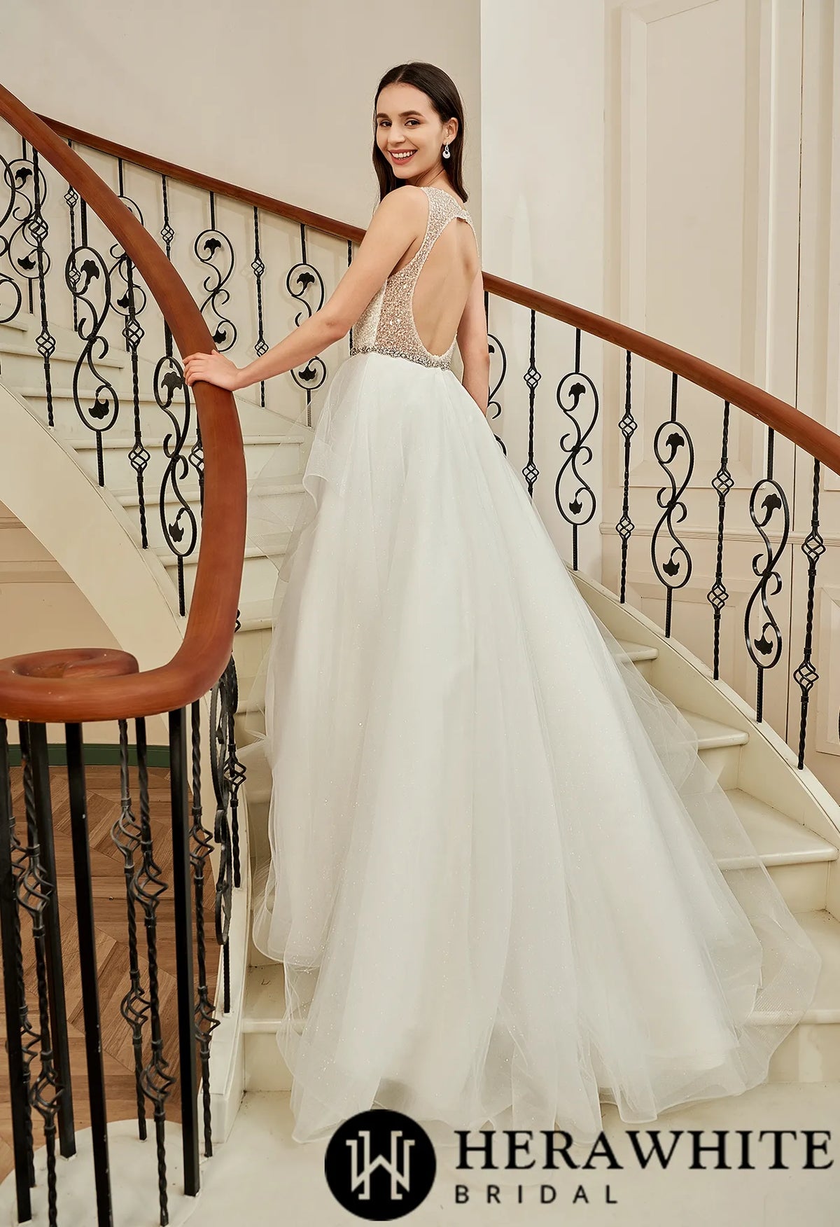 Shining Beaded Bodice Keyhole Back Ruffle Tulle Skirt Ball Gown