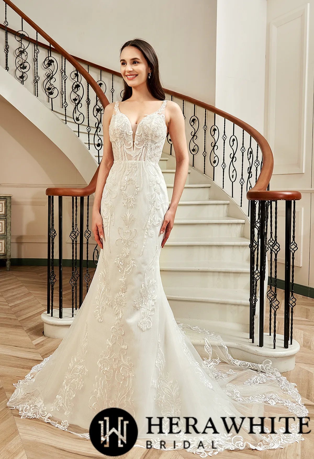 Sequin Beaded Illusion Back Wedding Dress With Long Lace Tulle Trian