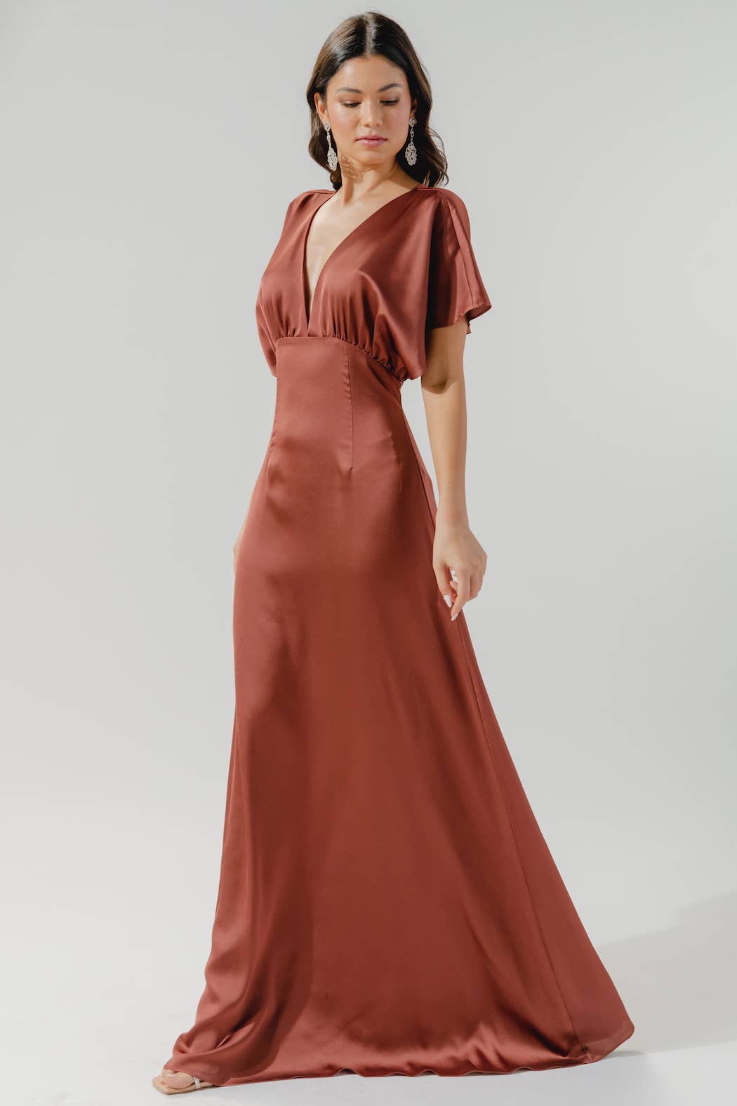 Darling Flutter Sleeve Cut Out Satin Maxi Dress: Black / L
