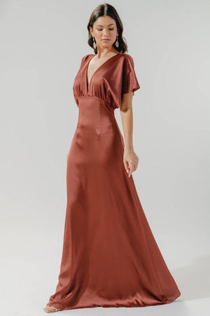 Darling Flutter Sleeve Cut Out Satin Maxi Dress: Black / XS
