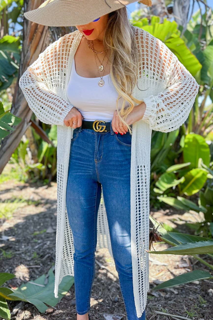 Ivory Crochet Knitted Long Sleeve Maxi Cardigan Cover Up