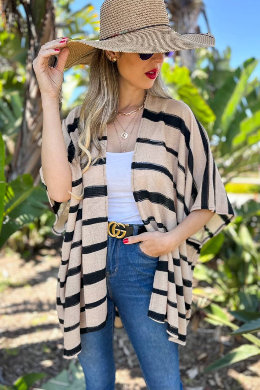 Beige Stripe Print Knitted Kimono Cardigan Cover Up