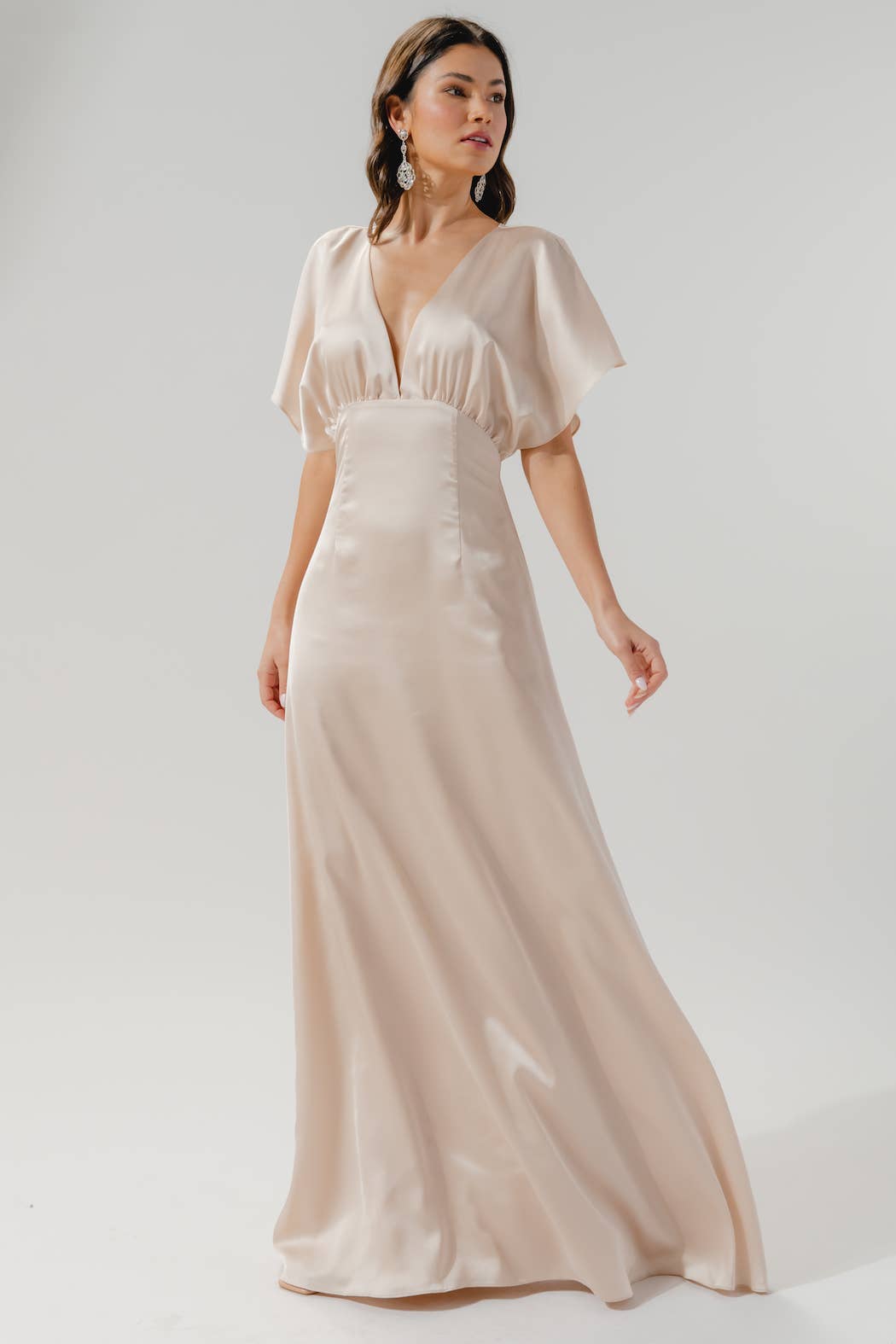 Darling Flutter Sleeve Cut Out Satin Maxi Dress: Black / L
