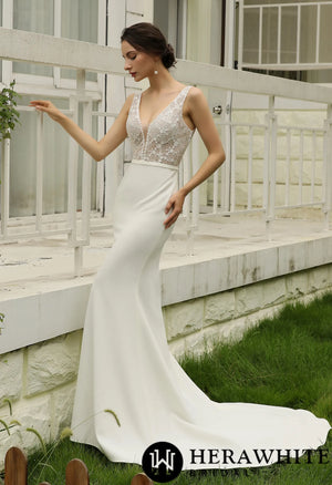 Semi Sheer Bodice Creap Weddding Dress