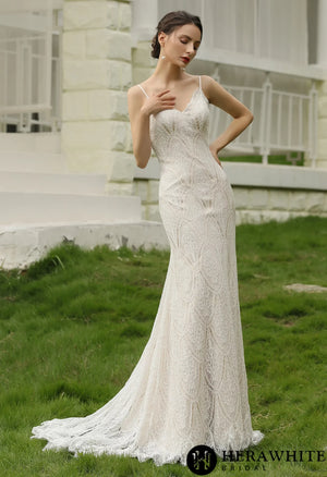 Spaghetti Straps Lace Sheath Wedding Gown