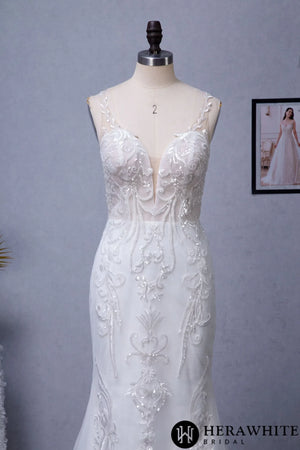 Sequin Beaded Illusion Back Wedding Dress With Long Lace Tulle Trian