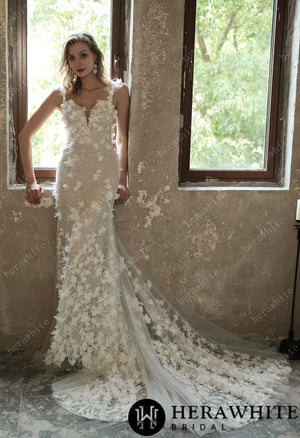 Stunning 3D Petal Lace Wedding Dress And Sparkle Tulle