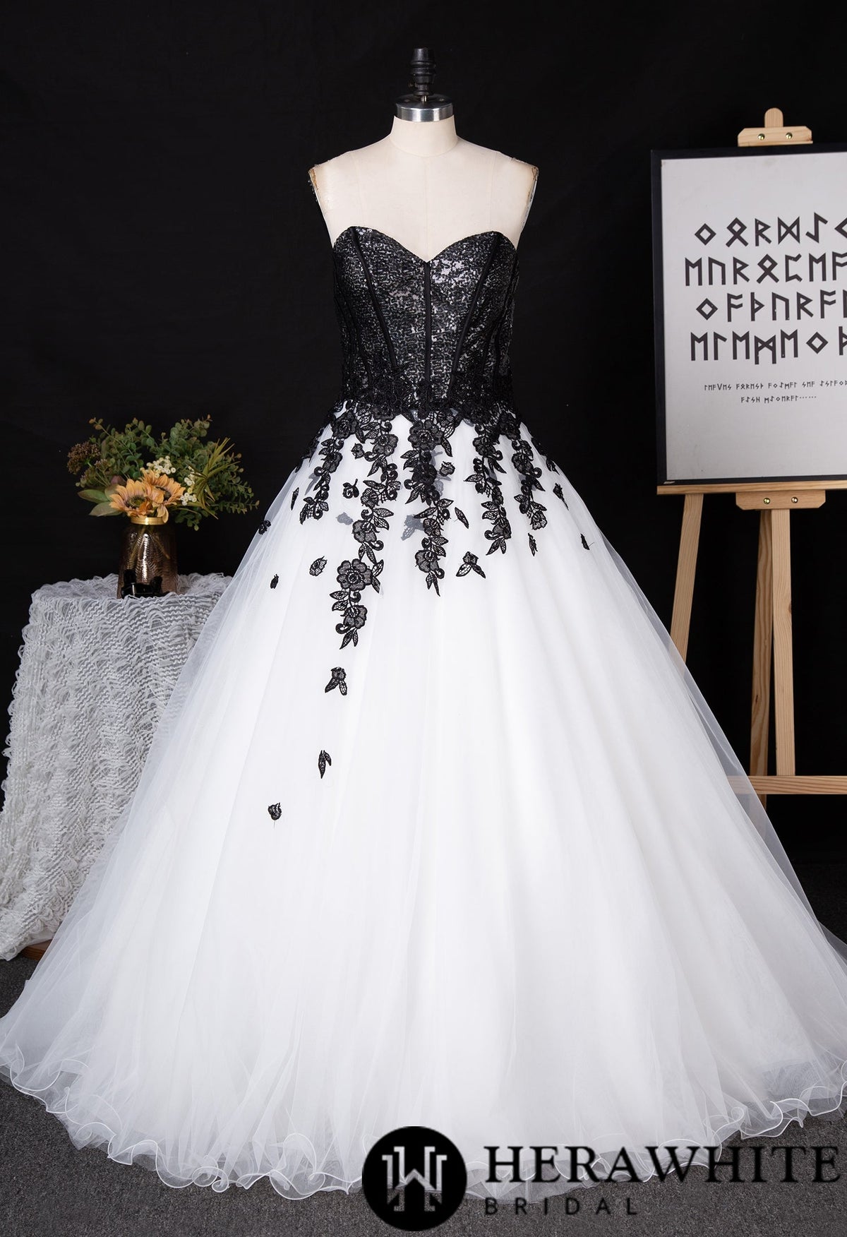 Sweetheart Sequin Ballgown With Black Floral Motifs