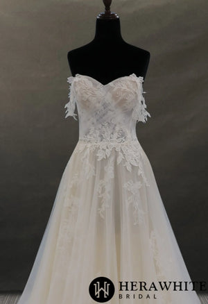 Off-the-shoulder Lace And Tulle Bridal Gown With Sheer Bodice