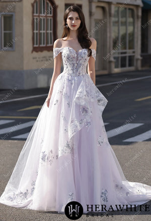 Floral Sheer-Bodice Bridal Gown with Asymmetric Ruffled Skirt HW3856