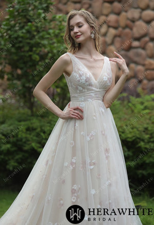 Whimsical Sequined Lace Tulle Wedding Dress With Gathered Bodice