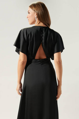 Darling Flutter Sleeve Cut Out Satin Maxi Dress: Black / L
