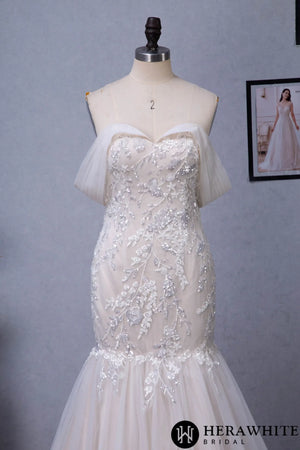 Off-the-Shoulder Mermaid Chapel Train Sequined Tulle Wedding Dress