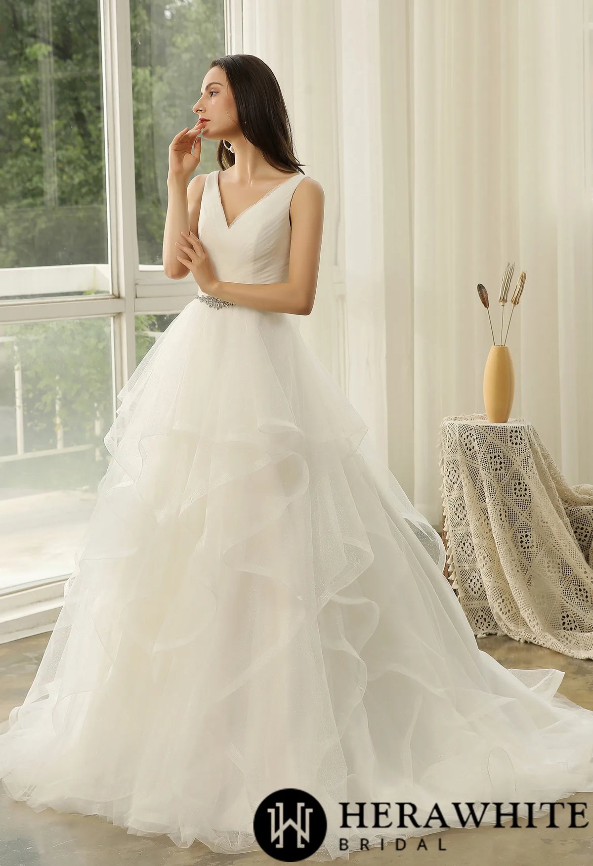 Wedding Dress In Ruffed Glitter Tulle With Princess Silhouette