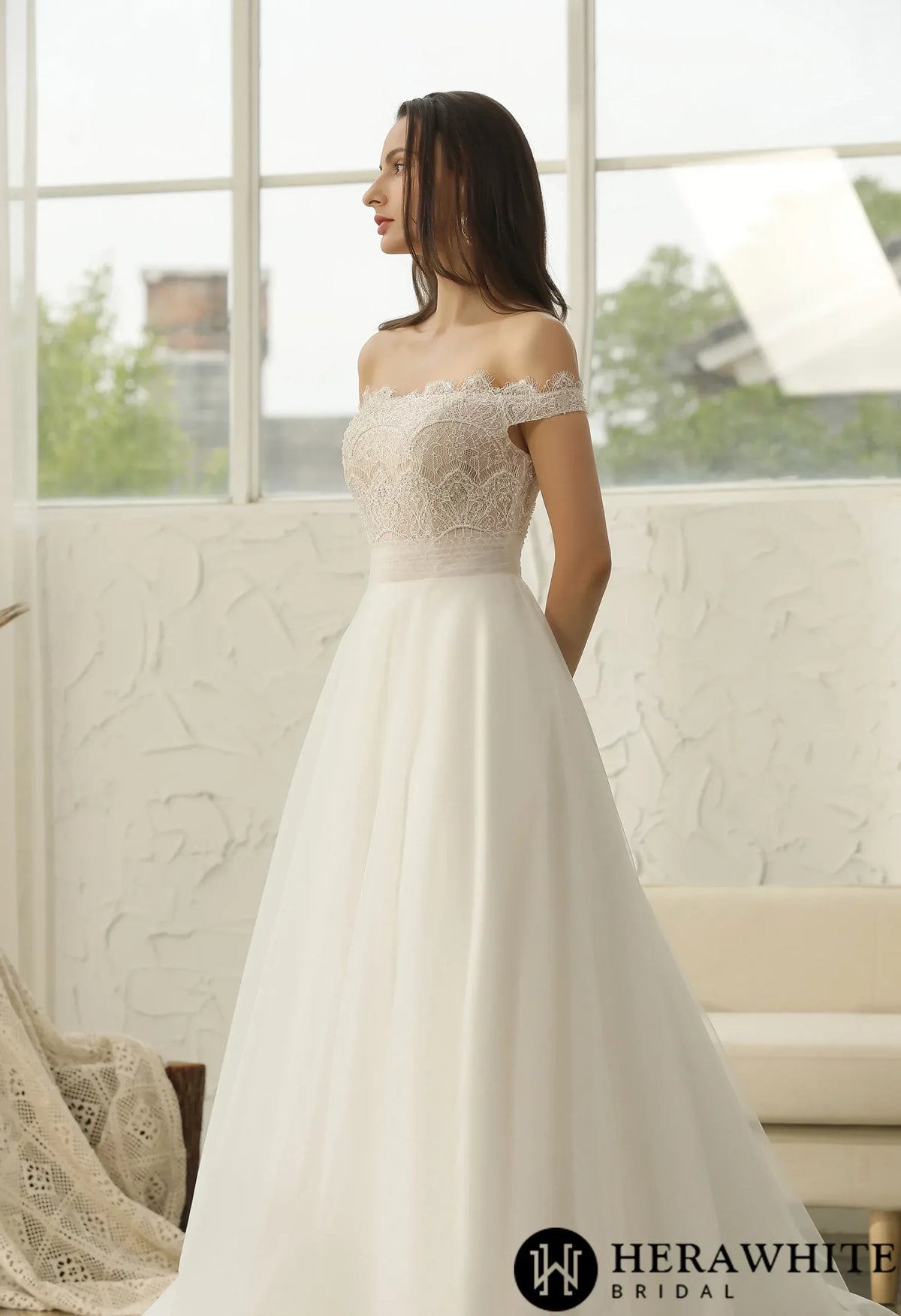 Off-The-Shoulder  Beading Lace Pleating Wholesale Wedding Dress