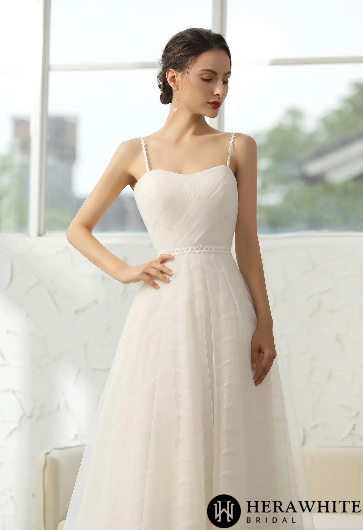 Simple Pleated A-line Wedding Dress With 3D Lace Underline