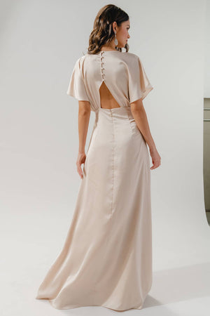 Darling Flutter Sleeve Cut Out Satin Maxi Dress: Champagne / L