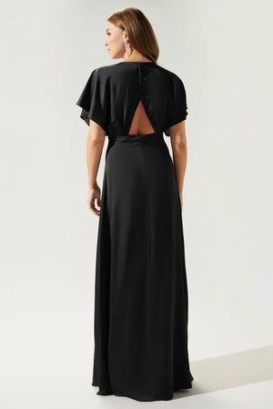 Darling Flutter Sleeve Cut Out Satin Maxi Dress: Black / XS