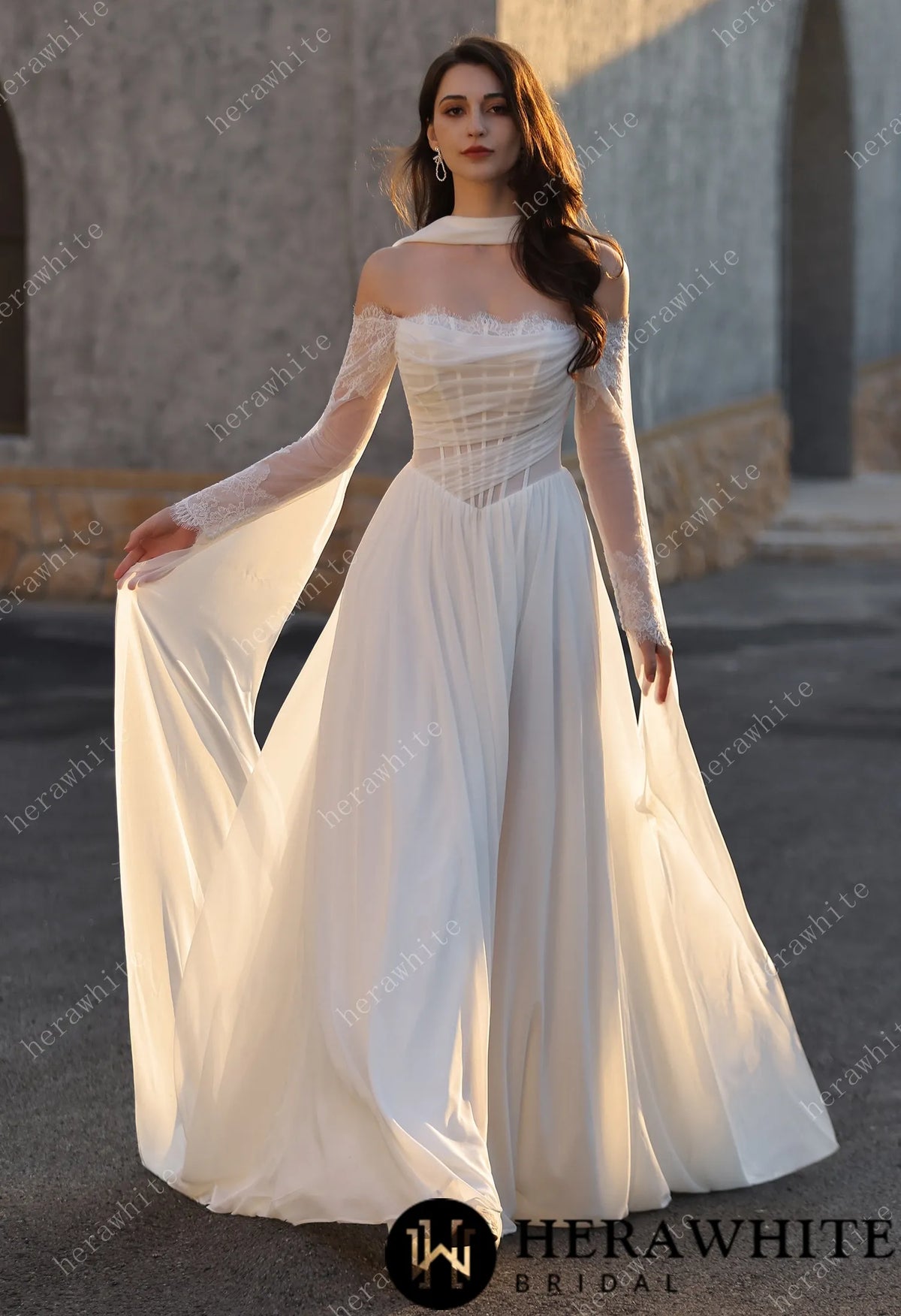 Airy Elegance Basque Waistline Tulle Gown With Lace Sleeves & Thigh-High Slit HW3838