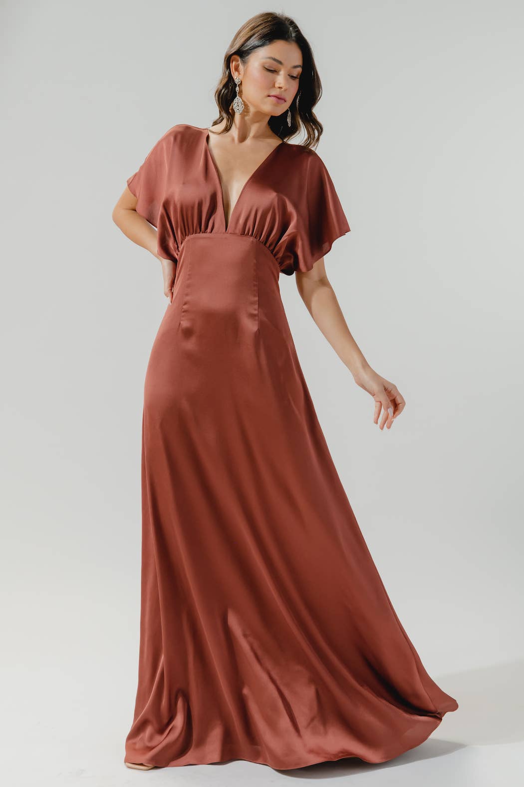 Darling Flutter Sleeve Cut Out Satin Maxi Dress: Black / L