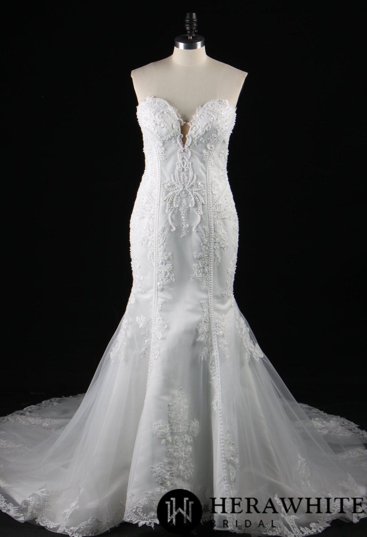 Strapless V-Neck Beaded Lace Mermaid Dress With Chaple Train