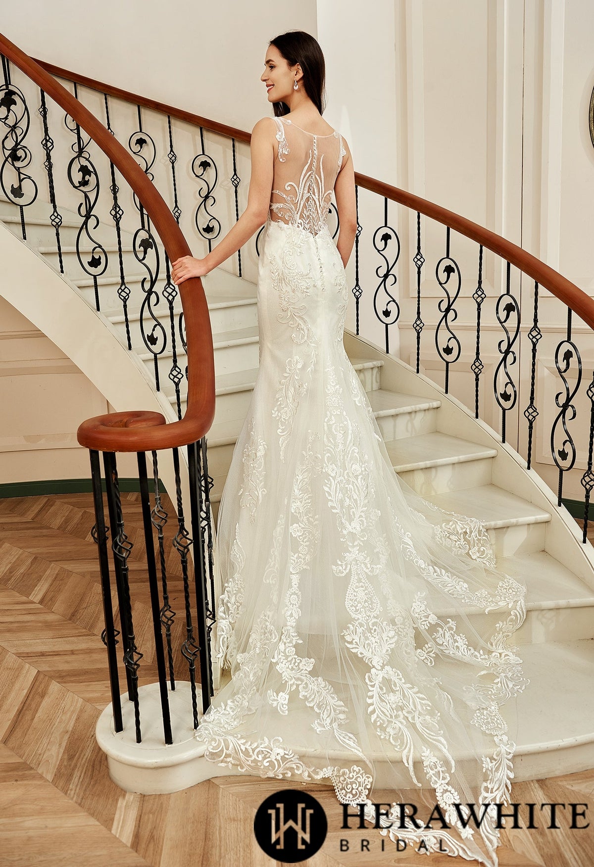 Sequin Beaded Illusion Back Wedding Dress With Long Lace Tulle Trian