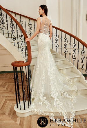 Sequin Beaded Illusion Back Wedding Dress With Long Lace Tulle Trian