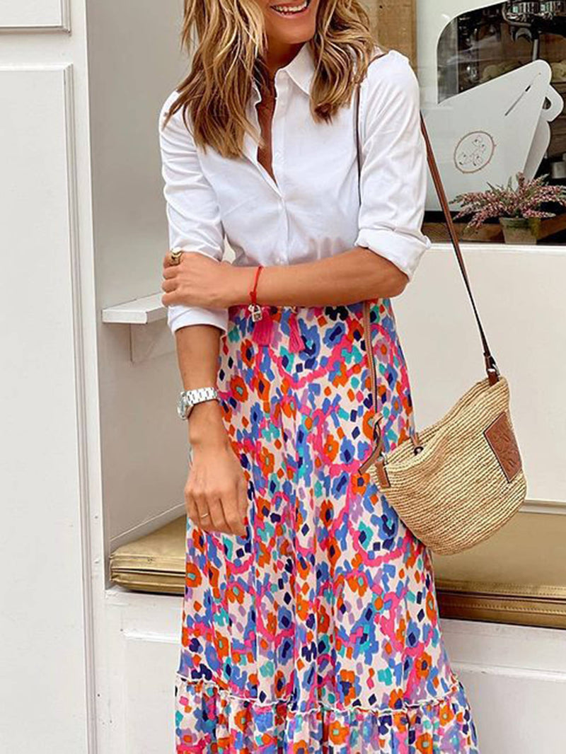 Printed Ruffled Hem Full Skirt