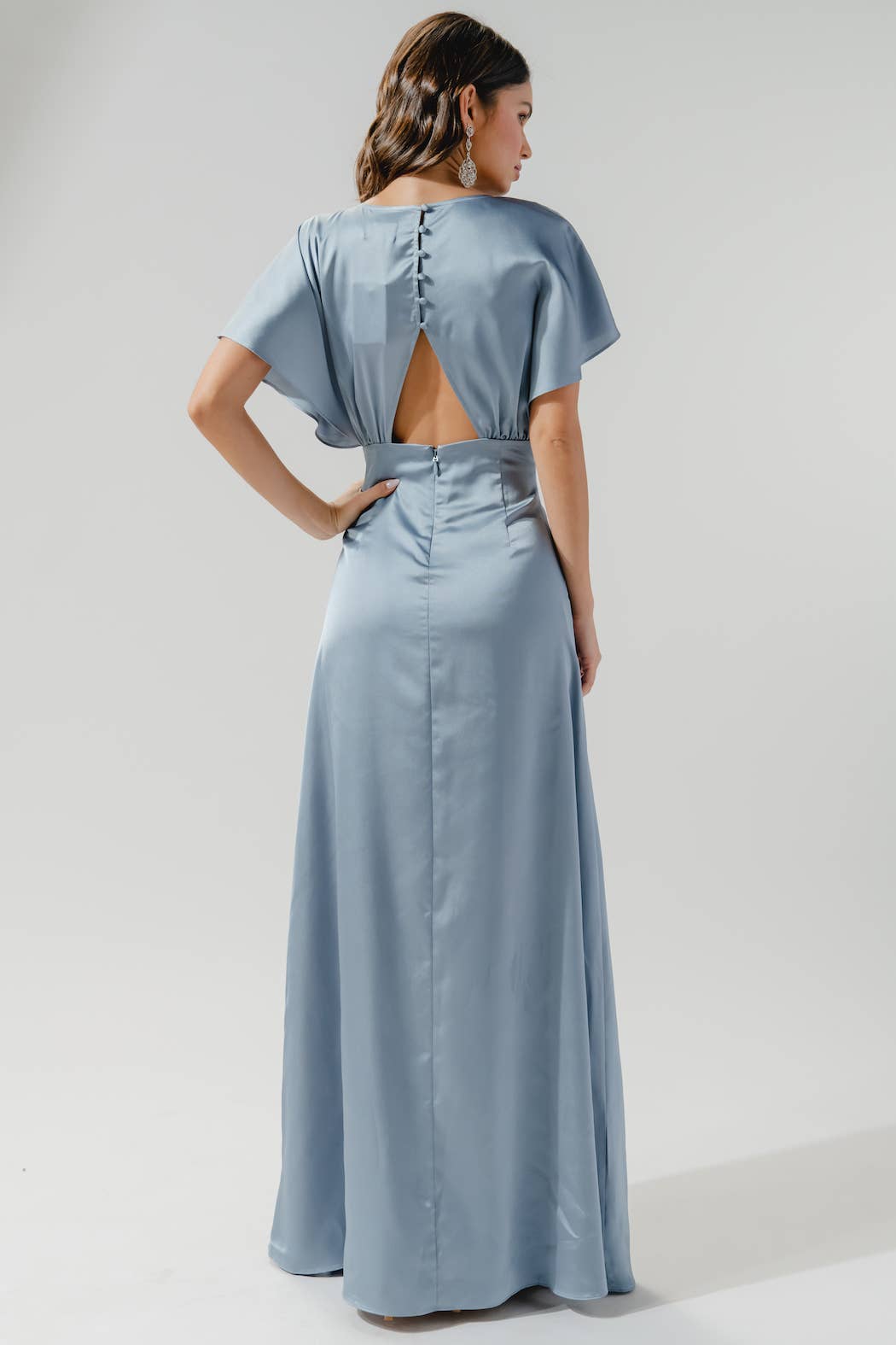 Darling Flutter Sleeve Cut Out Satin Maxi Dress: Black / M