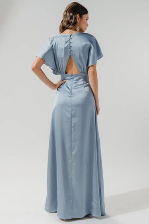 Darling Flutter Sleeve Cut Out Satin Maxi Dress: Black / M
