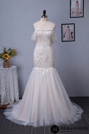 Off-the-Shoulder Mermaid Chapel Train Sequined Tulle Wedding Dress