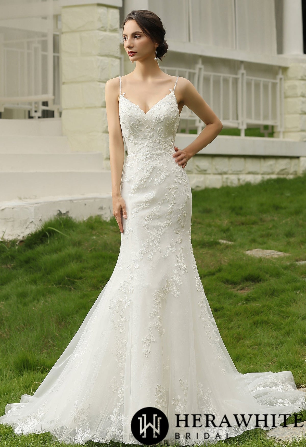 Spaghetti Beading Strap Fit To Flare  Wedding Dress