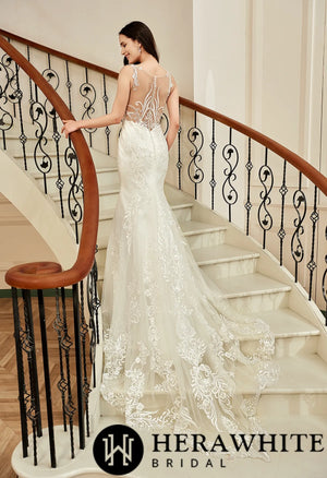 Sequin Beaded Illusion Back Wedding Dress With Long Lace Tulle Trian