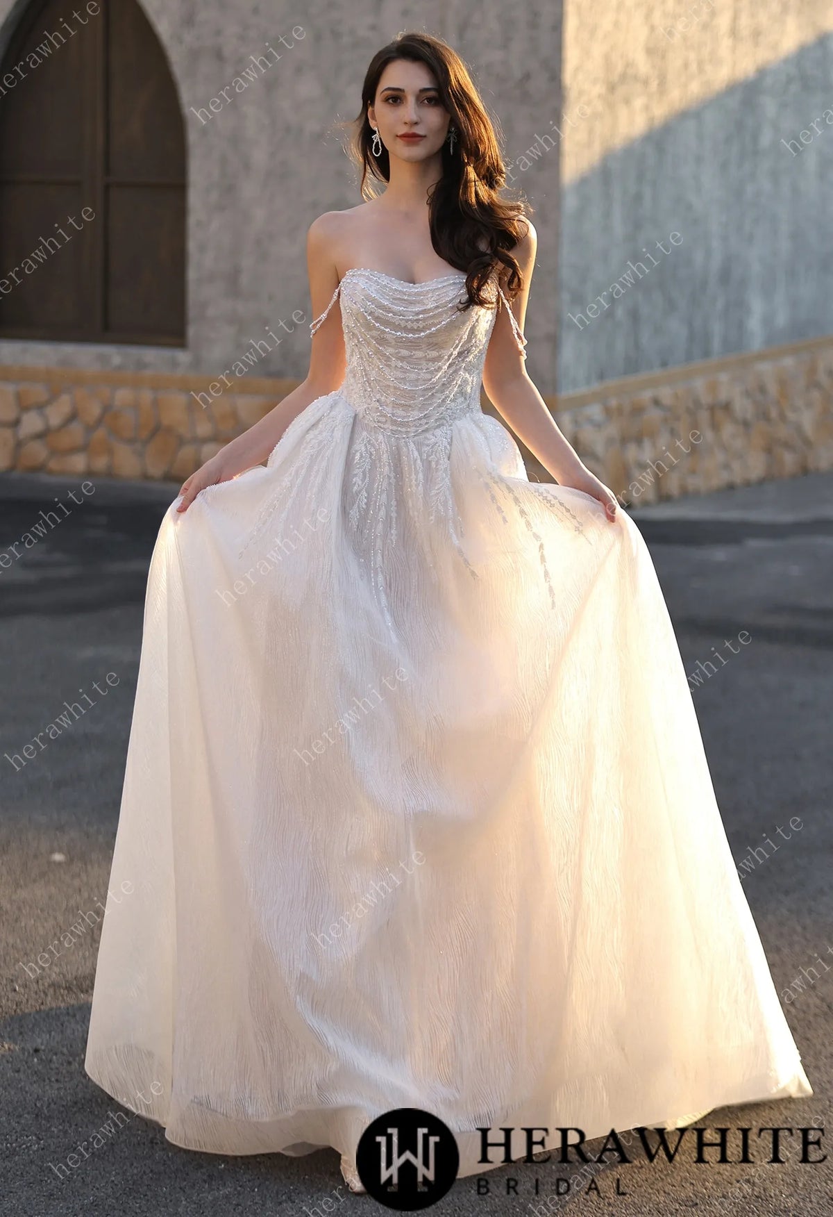 Strapless Ballgown Wedding Dress with Beaded Chain Shoulder Accent HW3807