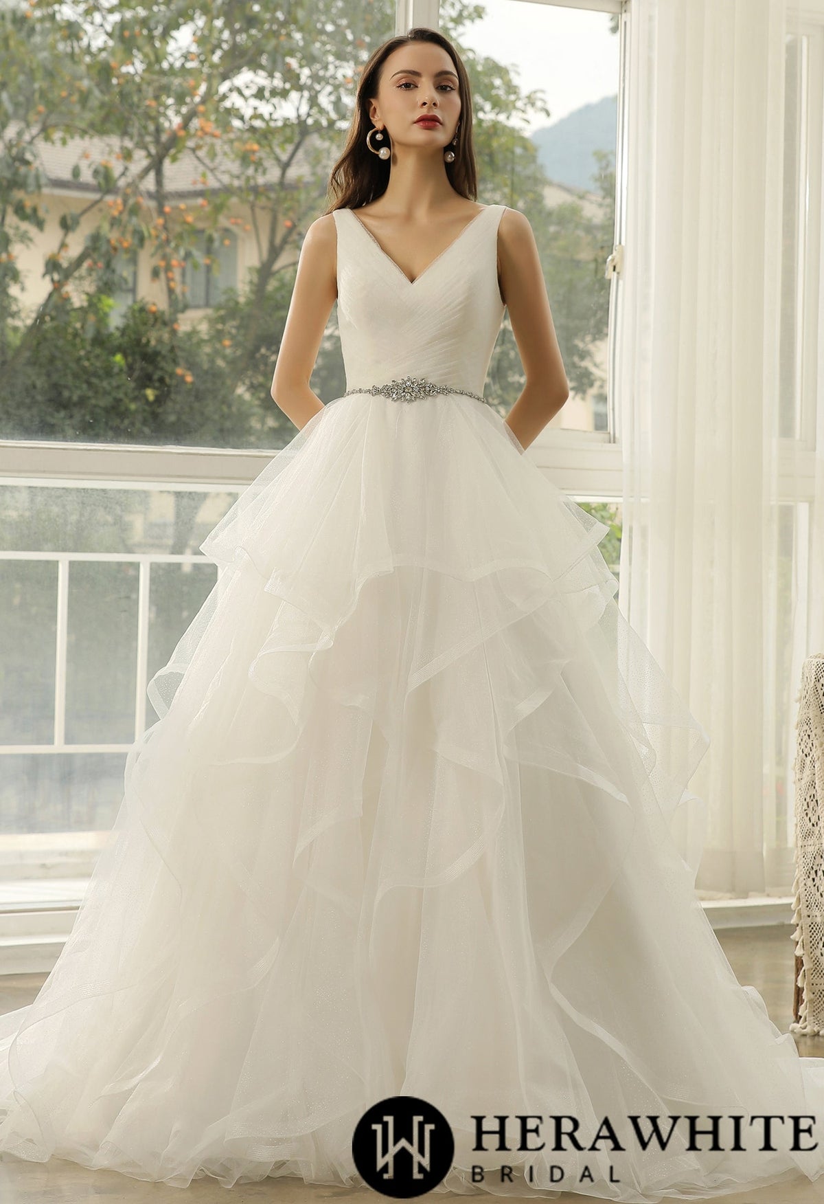 Wedding Dress In Ruffed Glitter Tulle With Princess Silhouette